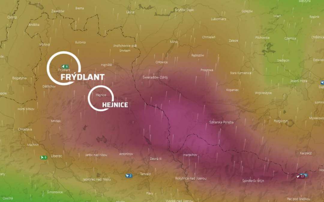 Aktuální rychlost větru ve Frýdlantském výběžku / Vyhlášen extrémní stupeň nebezpečí