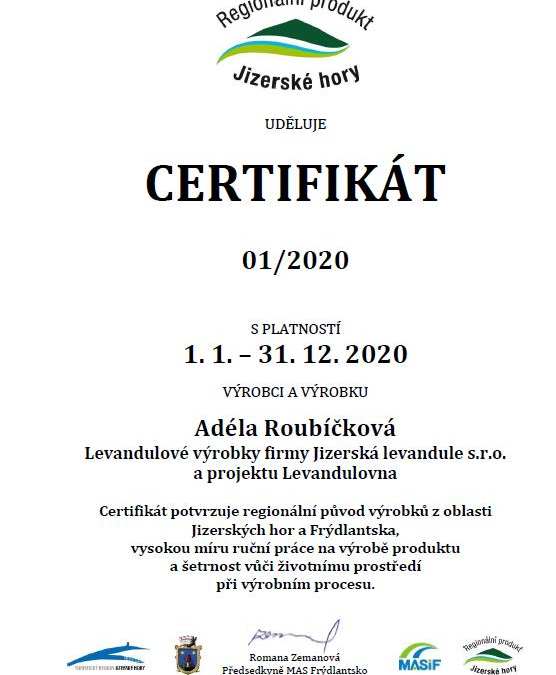 Raspenavská Levandulovna získala certifikát Regionální produkt Jizerské hory