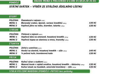 Polední menu na týden 1. až 5. května 2023 restaurace Dělňák v Novém Městě pod Smrkem